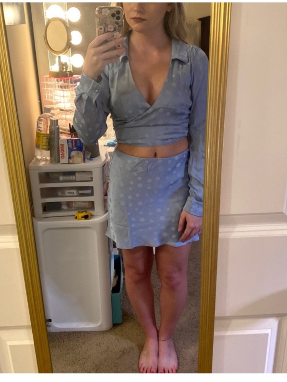 Le Lis Light Blue Polka Dot Satin Mini Skirt